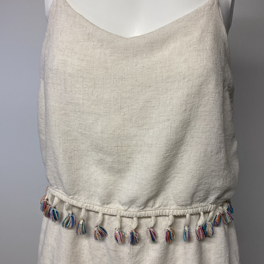 PAPER CRANE Anthropologie Rainbow Fringe Tassel Linen Cream Romper Womens Small - Picture 2 of 8